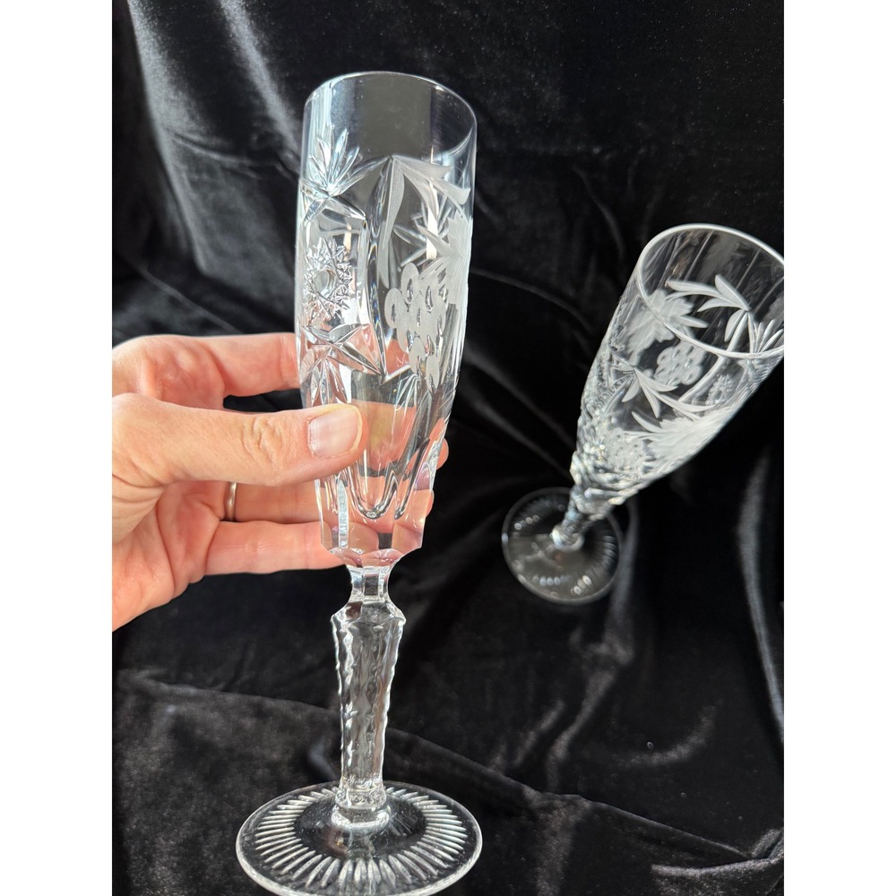 Vintage Cut Crystal Champagne Flutes Etched Floral Starburst Glasses Set 6 - Picture 4 of 7